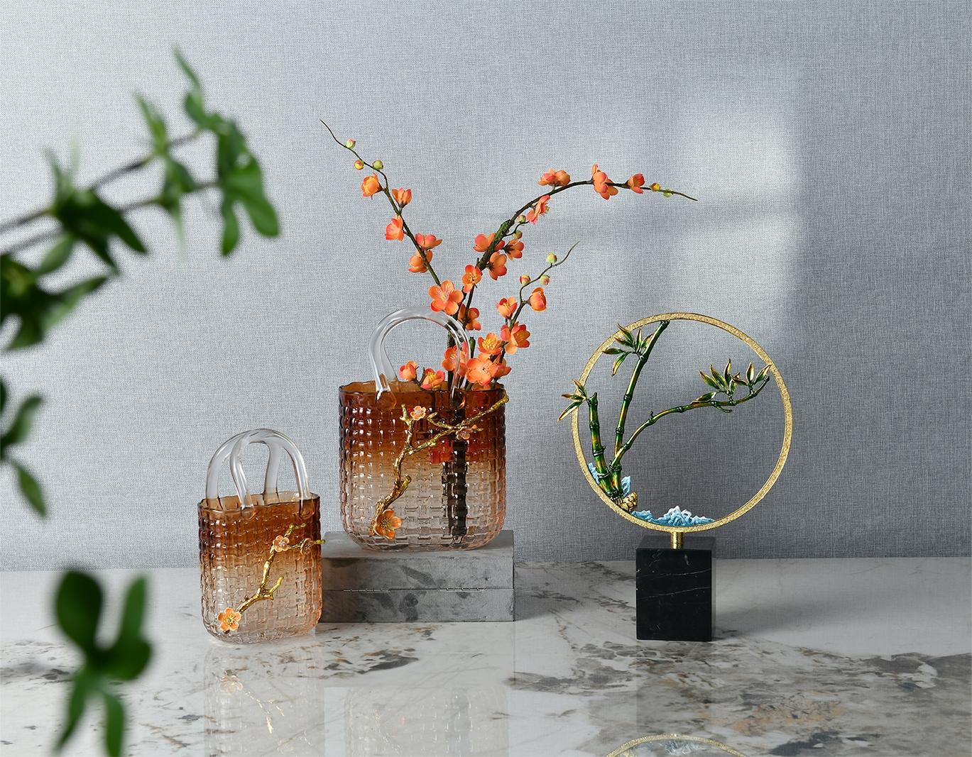 Alloy Bamboo Sculpture and Orange Plastic-Glass Baskets