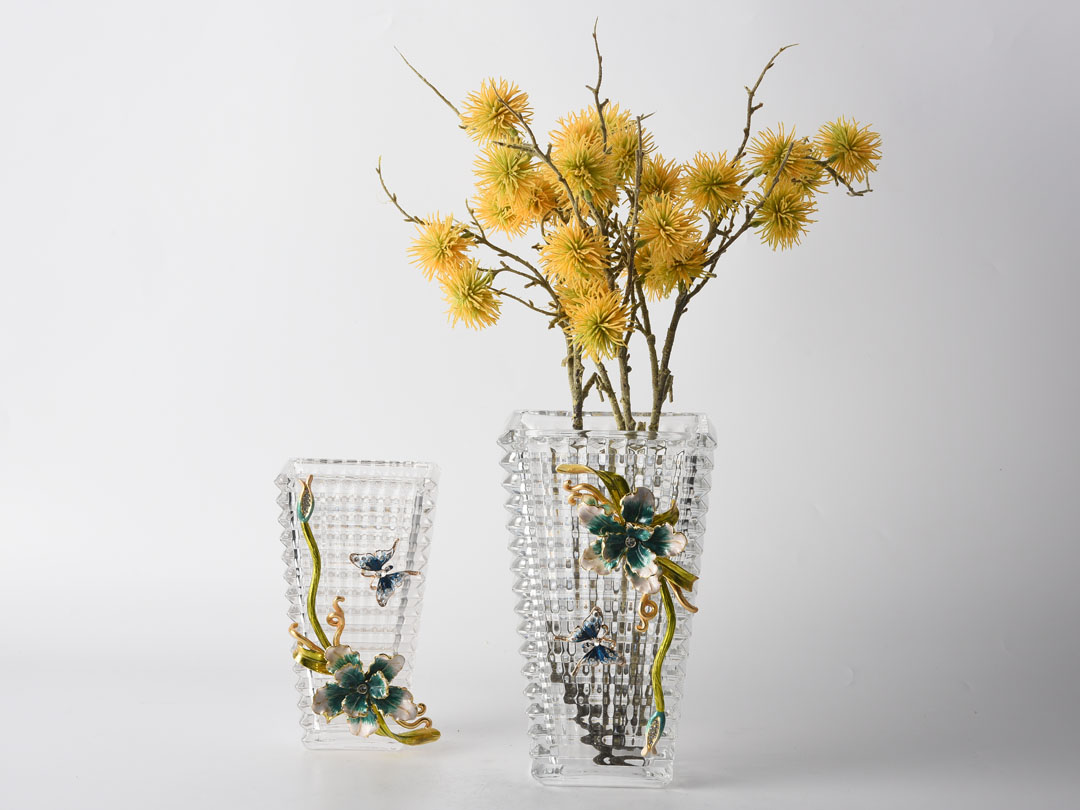 Baccarat Glass Vase Decor with Irises and Butterflies