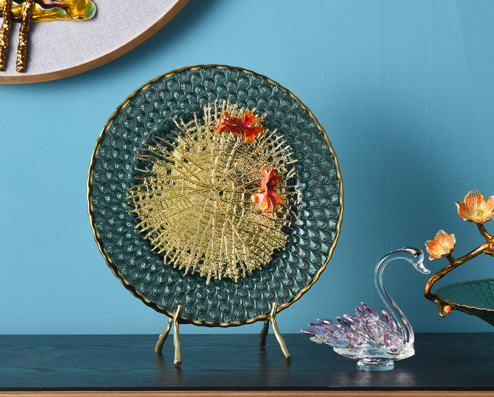 Jade-green Lotus leaf goldfish appreciation plate new Chinese-style creative enamel handicraft